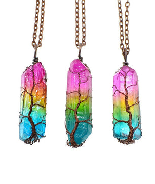 Hot Selling Stone Crystal Pillar Tree Of Life Pendant Ins Fashion Necklace