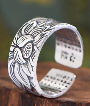 Buddhism Jewelry Like Vintage And Old Real Silver Plated Prajna Paramita Heart Sutra Lotus Ring