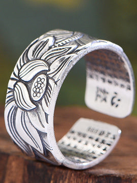 Buddhism Jewelry Like Vintage And Old Real Silver Plated Prajna Paramita Heart Sutra Lotus Ring
