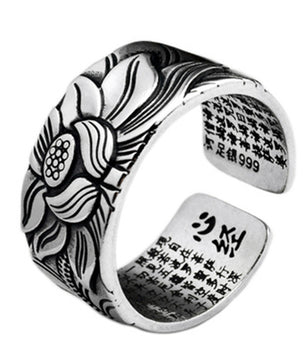 Buddhism Jewelry Like Vintage And Old Real Silver Plated Prajna Paramita Heart Sutra Lotus Ring