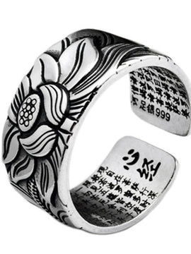 Buddhism Jewelry Like Vintage And Old Real Silver Plated Prajna Paramita Heart Sutra Lotus Ring