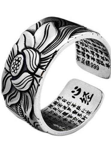 Buddhism Jewelry Like Vintage And Old Real Silver Plated Prajna Paramita Heart Sutra Lotus Ring