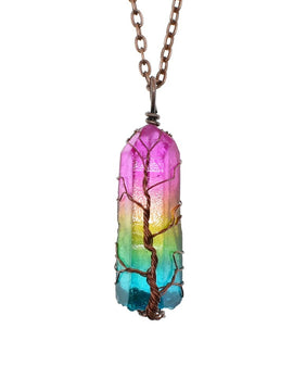 Hot Selling Stone Crystal Pillar Tree Of Life Pendant Ins Fashion Necklace