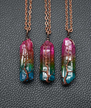 Hot Selling Stone Crystal Pillar Tree Of Life Pendant Ins Fashion Necklace